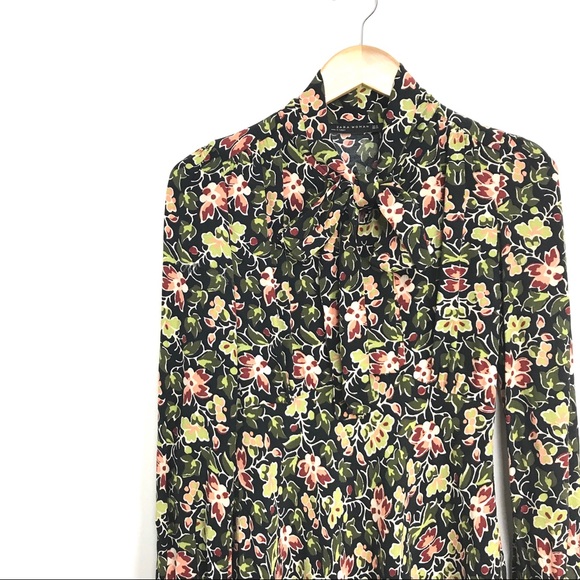 Zara Woman Women's XS Mini Dress Floral Print Pussy Bow Neck Tie Long Sleeve B0 - Picture 2 of 6